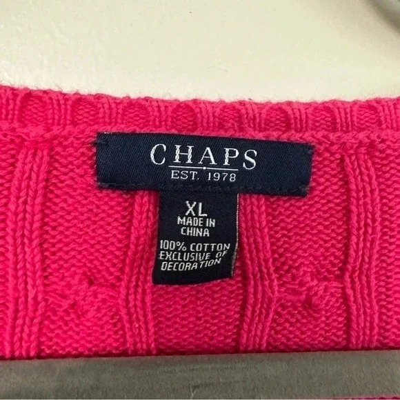 Chaps Cable Knit Hot Pink Long Sleeve V-Neck Sweater Size Large GUC - Picture 6 of 8